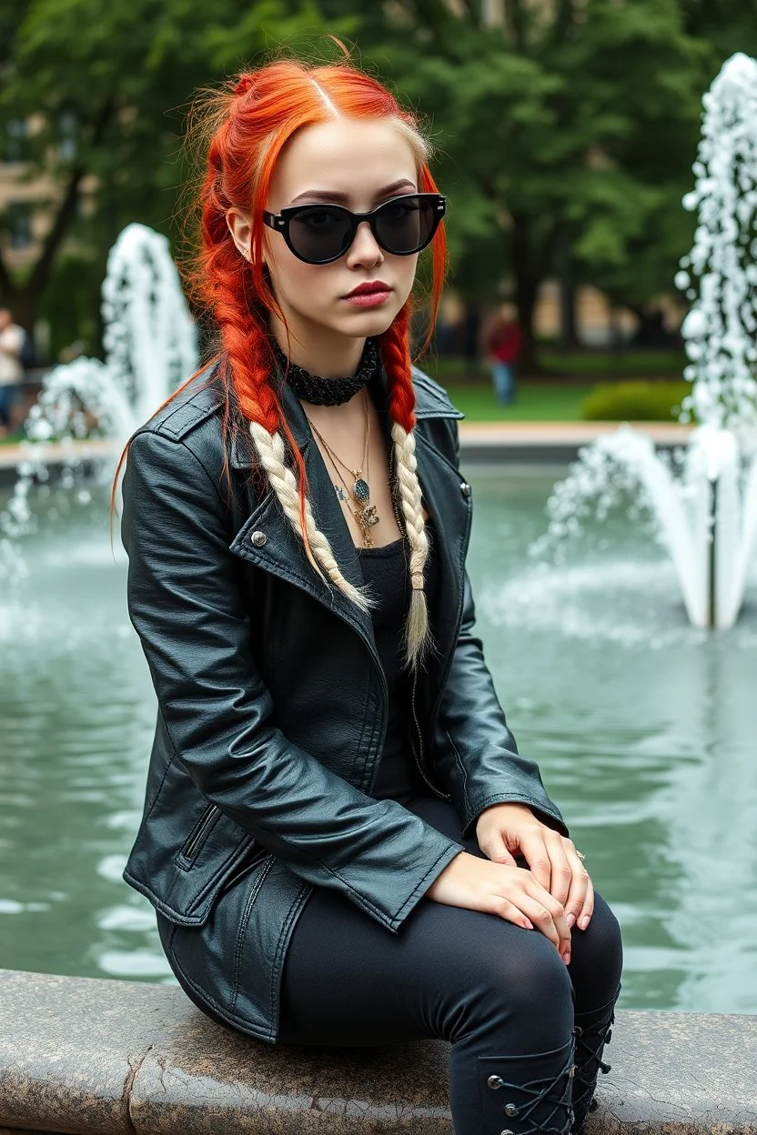 Gothic style rebel woman teenager, pretty and arrogant, red hair and black shiny round sunglasses, leather jacket, edgy bohemian outfit, combat boots, captivating grey eyes, white hair styled in intricate braids, playful and mischievous demeanor - depicted sitting at the edge of a fountain in a city green park, vibrant punk street fashionista, high realistic