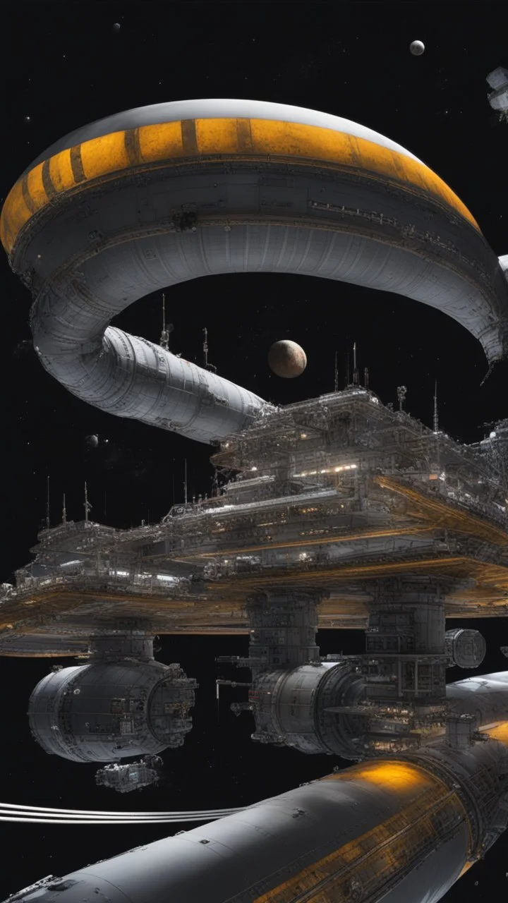 huge space station looking like a string of oil drums in the inky blackness of space.