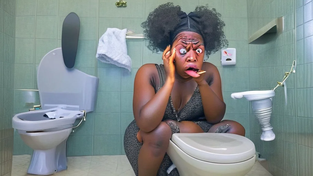 baffled black lady with cellphone sitting on the toilet