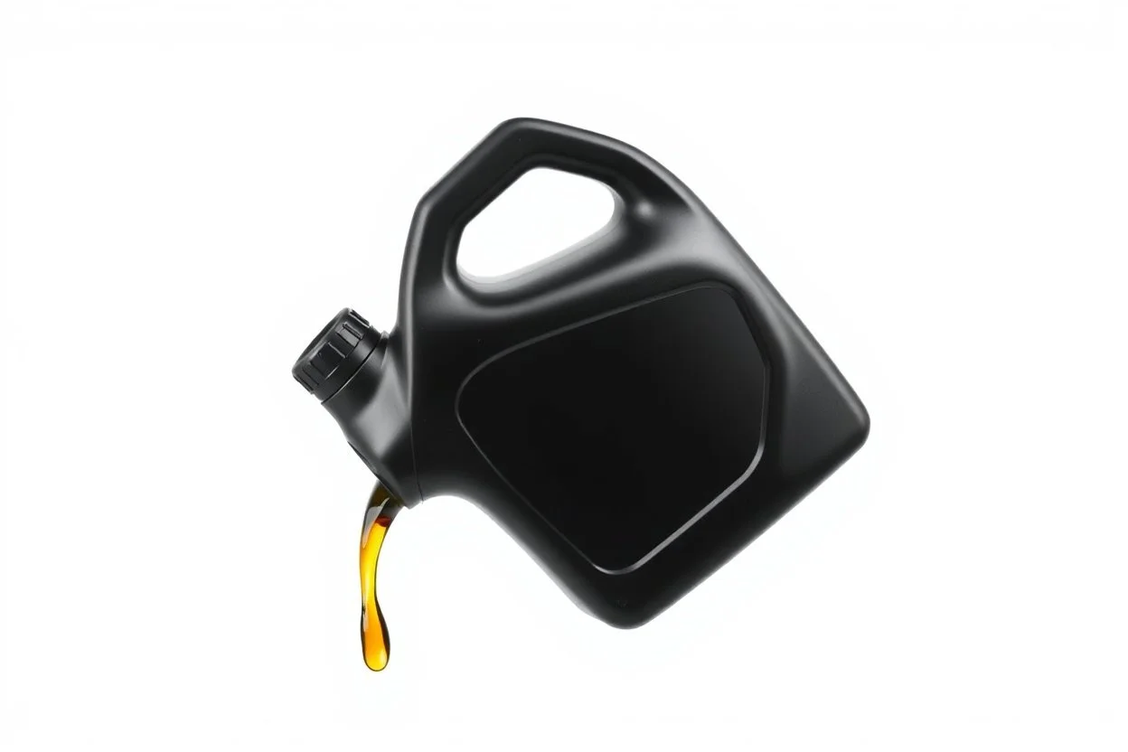 whole bottle(black plastic, generic motor oil) floating in middle of image, on it's side pouring(oil) out of the opening. white background, Smooth vector