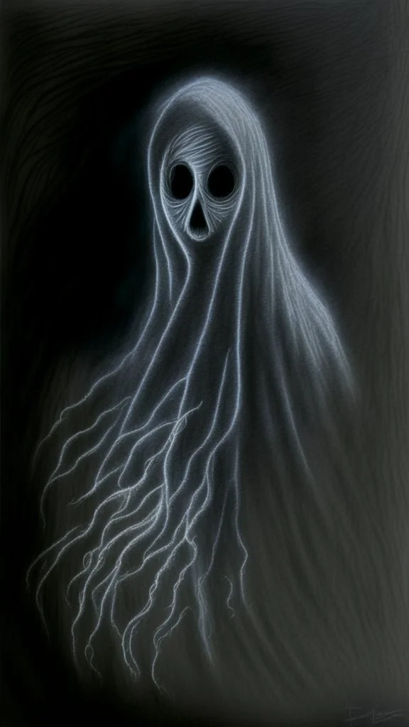 pencil drawing of ghost, Spooky, scary, halloween, black paper, color