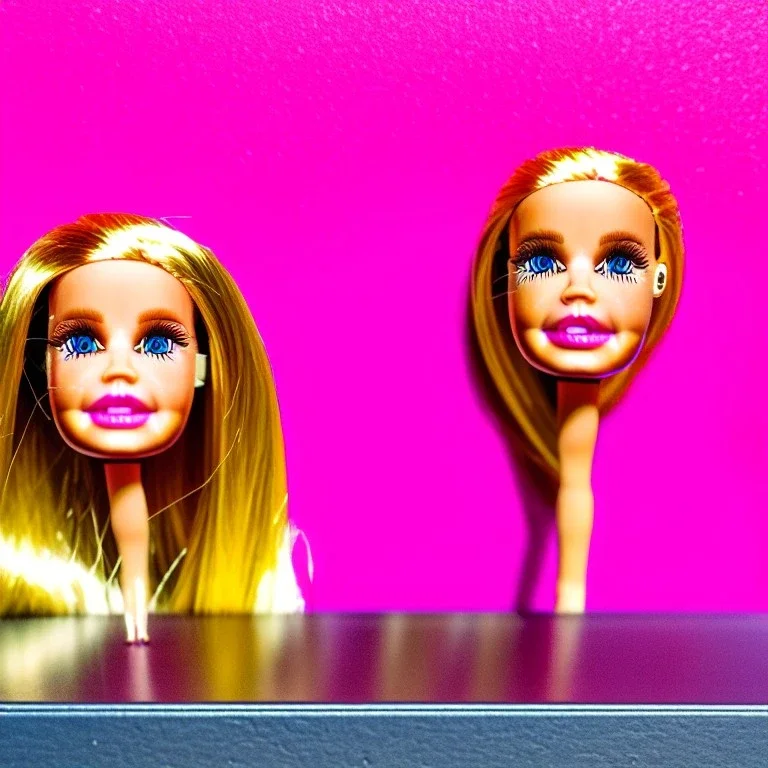 Foto realista. Una Cabeza de muñeca barbie decapitada sin cuerpo. Foto de estudio. Pared de fondo. Colores vibrantes. Gran angular. Simetría. Ultra hd.