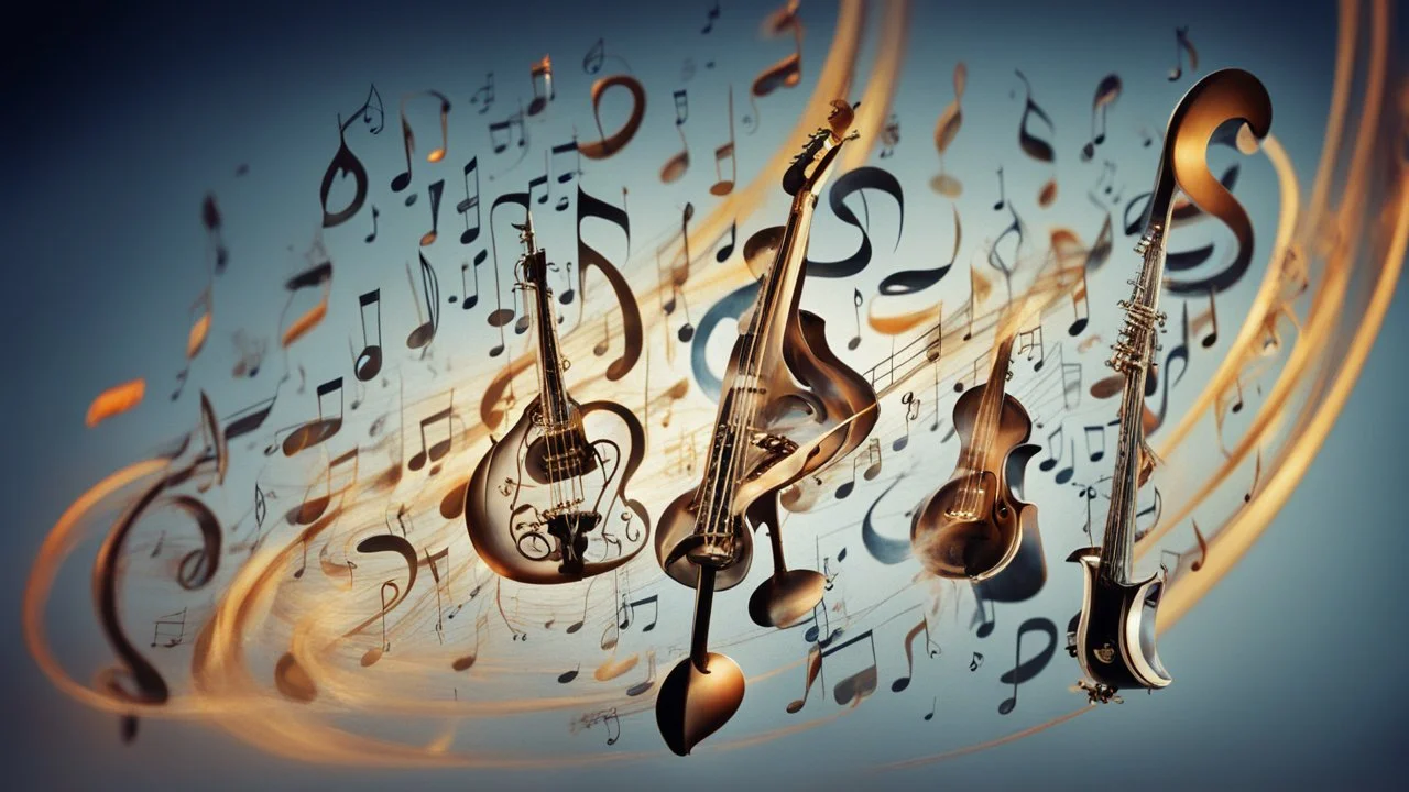 music is language, language is music, notation, treble clef symbol, musicians performing, instruments, sound waves, beautiful detailed colour photograph