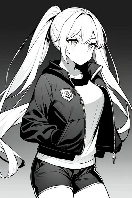 blonde girl with ponytails dressed in a jacket and shorts walk in dark corridor, greyscale