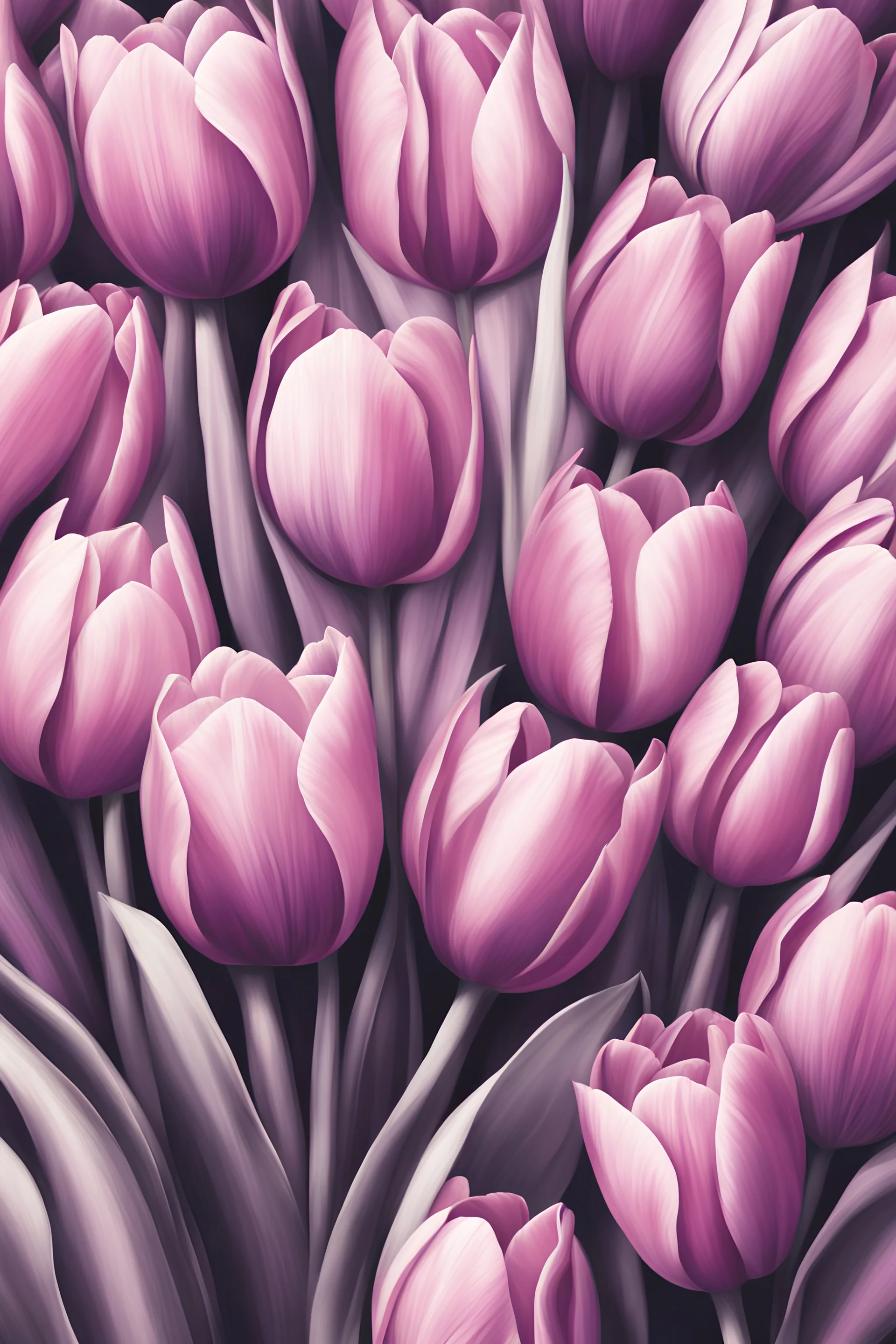 A stunning poster design of spring tulips in different shades of pink and purple, the illustration style is reminiscent of decorative charcoal art, giving it a realistic and tactile feel. The background is a clean white color, allowing the tulips to bloom in a stunning and visually appealing way.