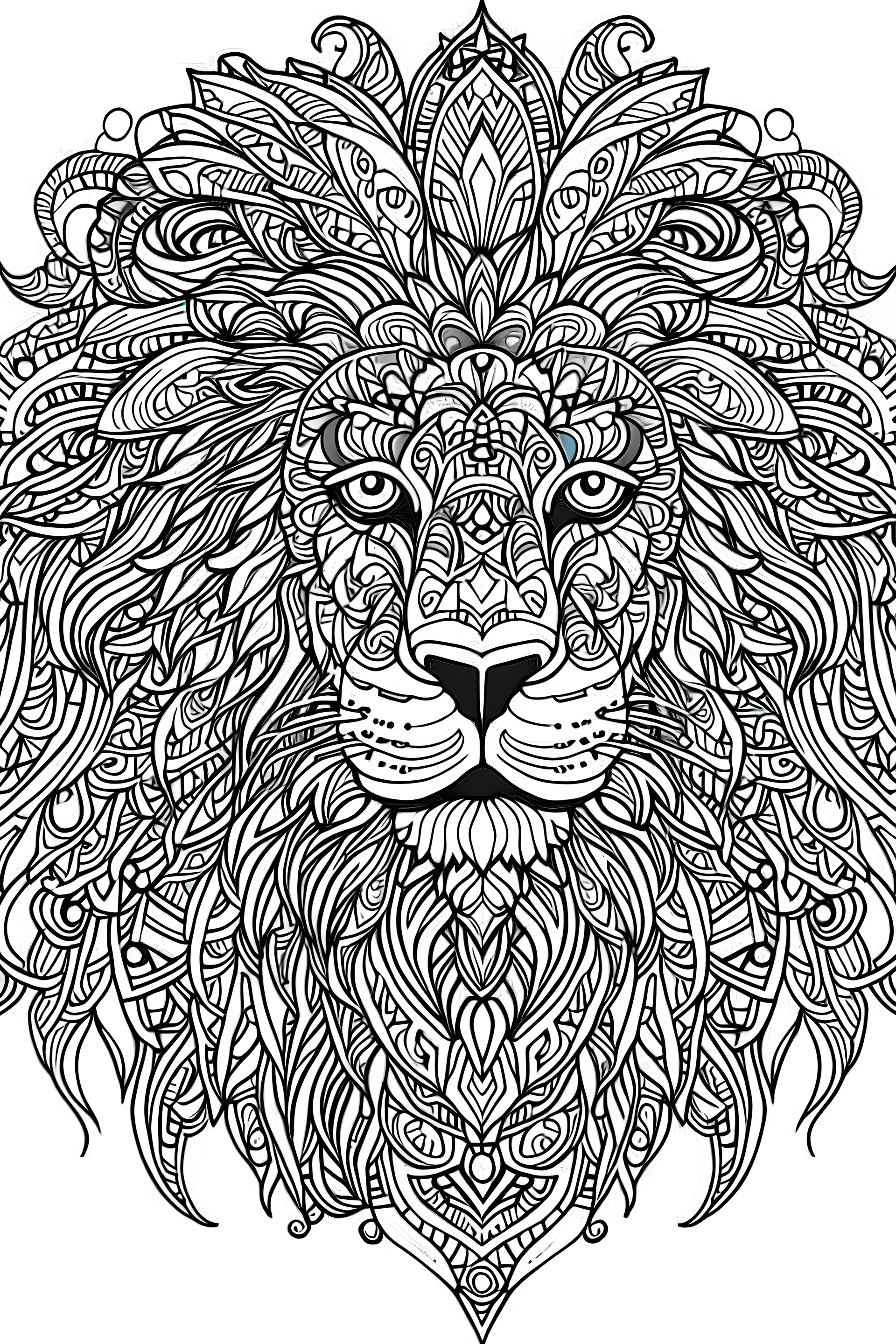 lion in mandala design, full page, full white background, sketch style, thin marker, line art