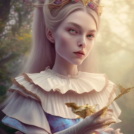 whole portrait of "Alice in the wonderland",Award-winning, Detailed face, detailed eyes, blue eyes, Realistic lighting, cinematic lighting, Trending on artstation, octane render, 8k ,elegant,smiling, by Chie Yoshii background Olivetrees in style of salvatore Dali