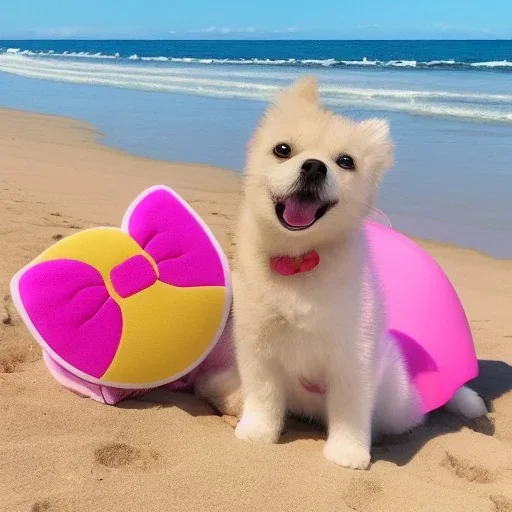 Hello kitty at the beach with goodbye puppy