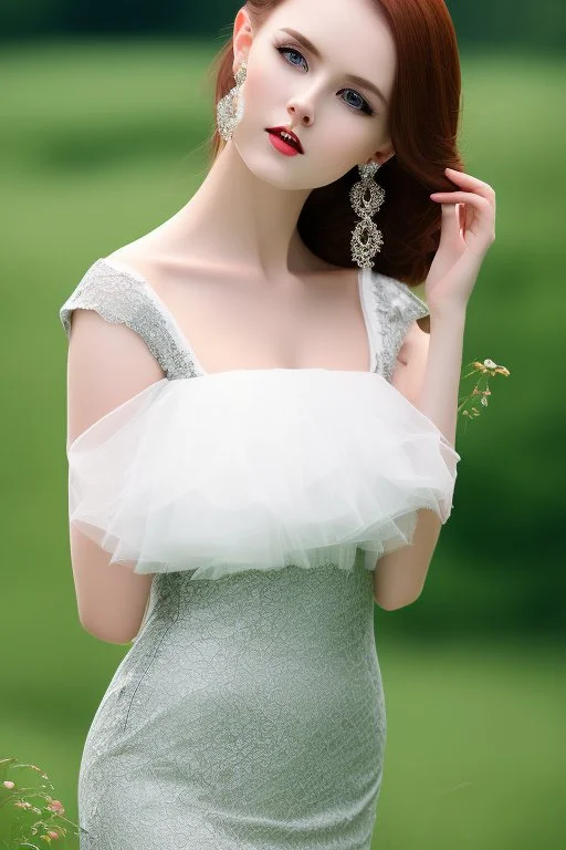 full shot body of very beautiful Woman with pale skin makeup , green eyes, long auburn hair, high fashion sexy silver dark gray lace dress , country side ,river ,country houses ,sharp focus.