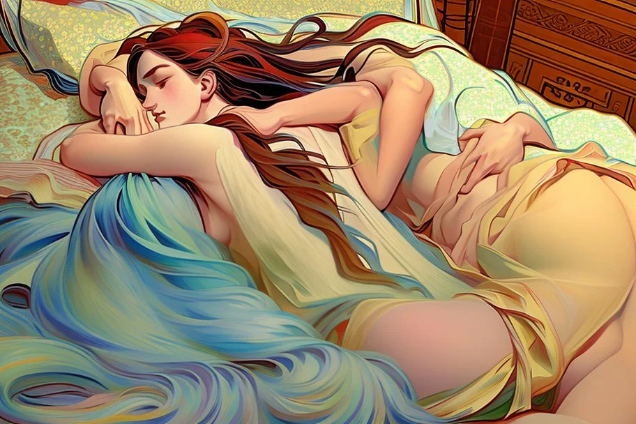 colourful digital painting of beautiful aphrodite full body embracing old man on beds, in the style of hokusai and van gogh