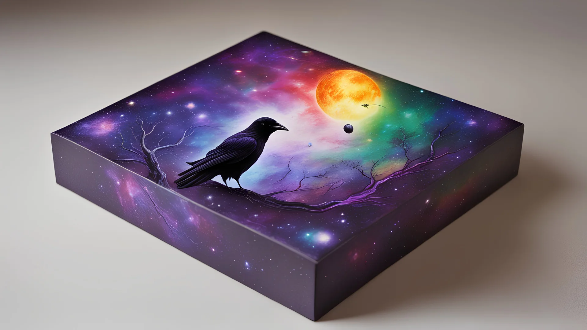 a box 10 cm long by 5 cm wide and 25 cm high, drawn on a box on all sides, space, tress, planets, crow galaxies a lot of colours purple, green and red, portal in the sun, realistic