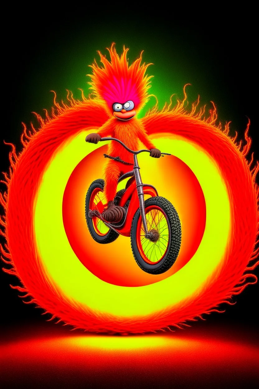 photo realistic Lorax on motorbike jumping through flaming hoop