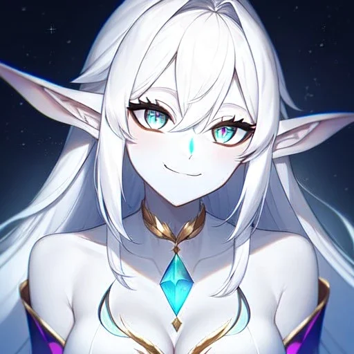 cosmic mage, elf, female, cosmic magic, long ears, white hair, face details, pale skin, jewellery, broad shoulders, sharp ears, cosmic clothes, cosmic eyes, ears shown, the cosmos in eyes, shining eyes, thin face, detailed ears, magical eyes, closed mouth, make up, smiling face, happy face, pointy ears