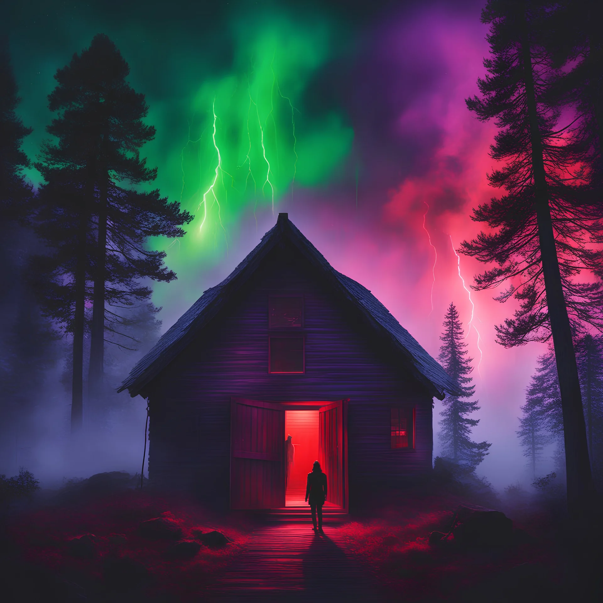 "wide shot ((night sky, red thunder lightnings)), ((pine woods)) ((a duo of (((a long hair) man)) and ((a woman)) backview silhouettes)) a cabin surrounded by red purple mist and green black haloes, ((facing an evanescent foggy form of a giant floating mask of Jason Voorhees, epic melted with the sky)), 80's horror movie poster, ((dark horror synthwave))" ((add urban details, garbage, electrical lines etc))