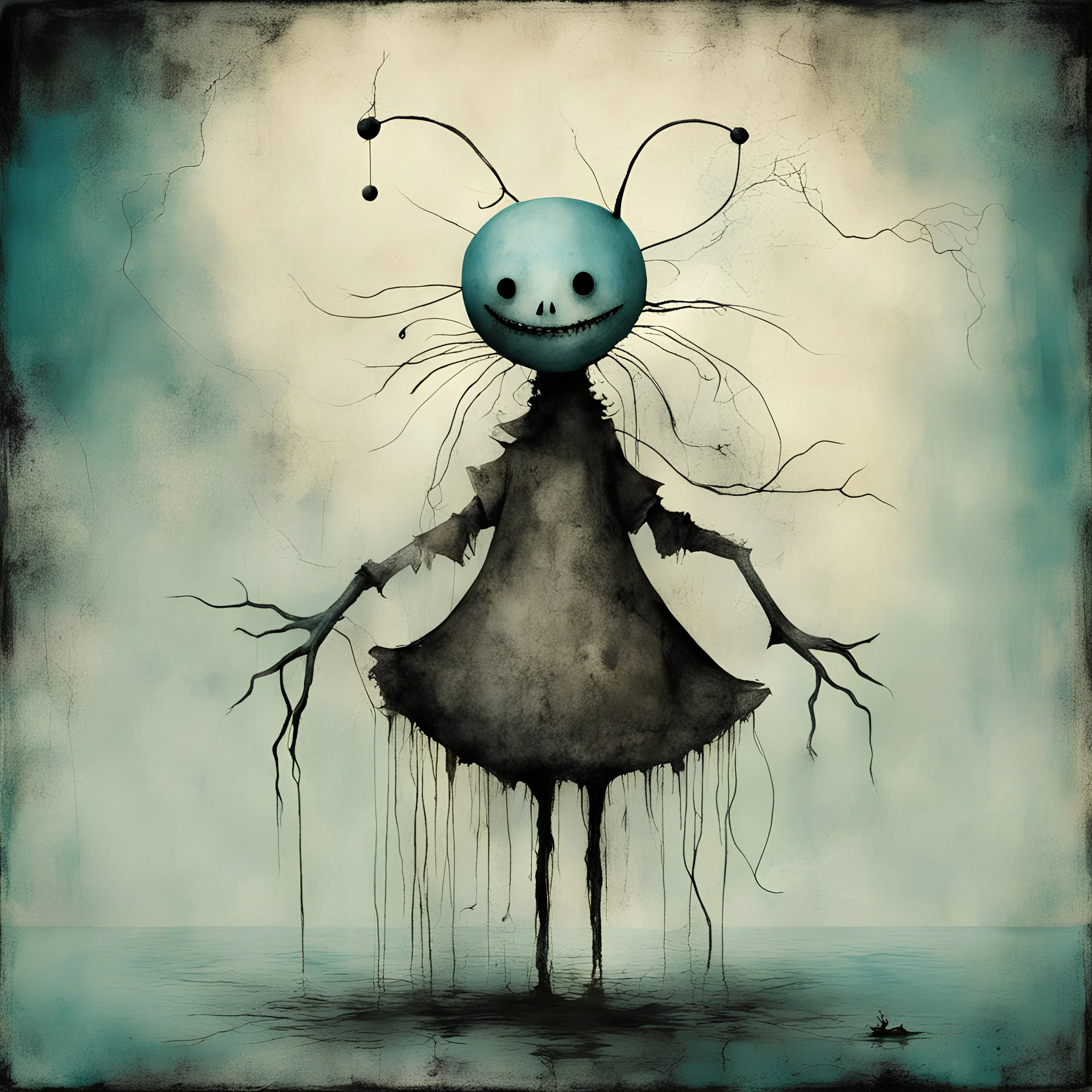 Scary stories of the infinite roll droll puppet, Joan Miro and Stephen Gammell deliver a sinister surreal masterpiece, icy hues, dark_cyan and burnt_sienna color scheme, sinister, creepy, expansive, sharp focus, dark shines, asymmetric, dada movement, by Gabriel Pacheco