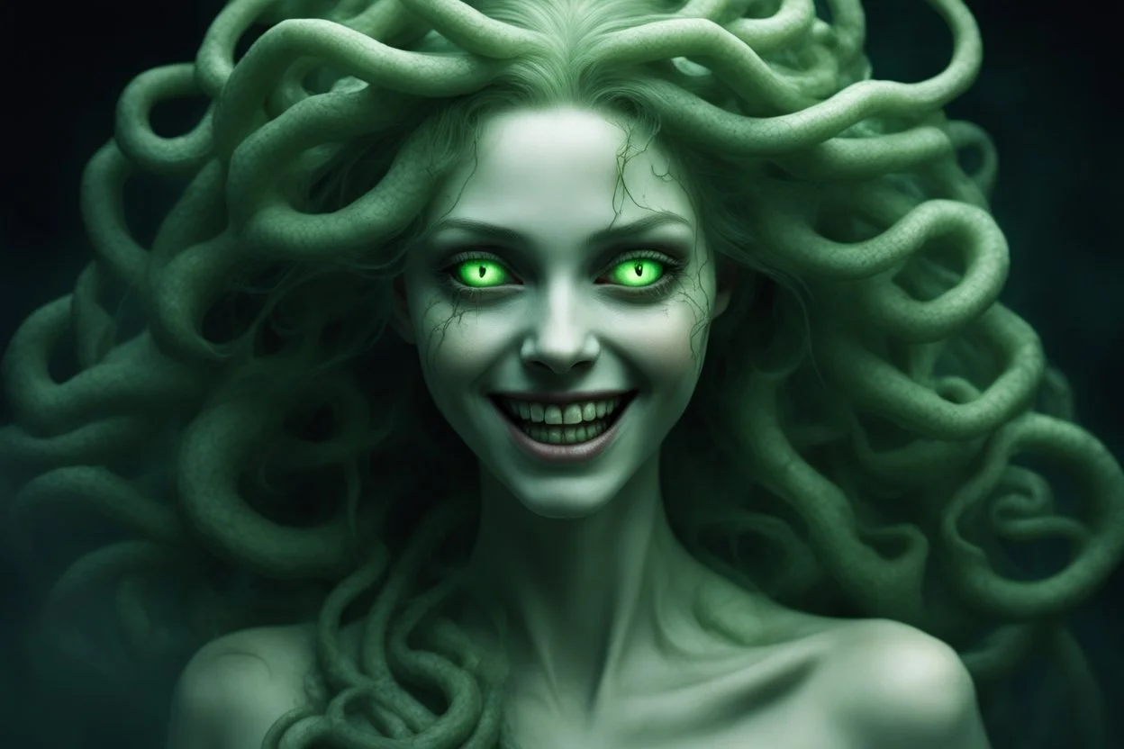 После пробуждения ее внешность исказила темная магия Камня Медузы: кожа стала болезненно-бледной, почти прозрачной, а глаза светились нестабильным, ядовито-зеленым светом, как и сам камень. Ее улыбка была широкой и неестественной, обнажая слишком идеальные зубы. Она выглядела как ожившая, но тронутая тлением кукла.