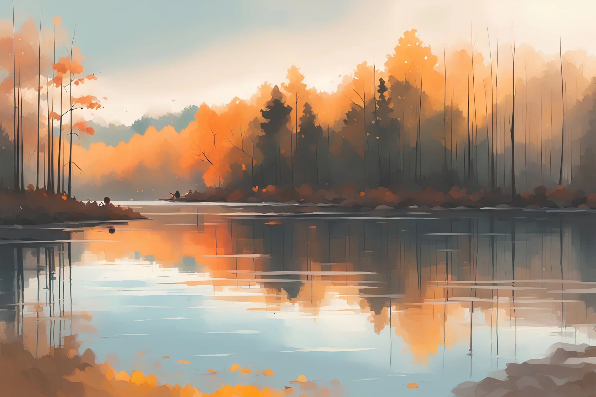 Near the Cross, autumn, golden hour, forest, lake, reflections, peaceful, at dawn by atey ghailan, A soft-focus image of morning casting a warm glow, created in inkwash and watercolor, art style of Olivier Coipel, HACCAN, illustrator 由良 Yura, 山田章博 Yamada Akihiro, 四々九 Yoshiku, GANMO＃, highly detailed, gritty textures,