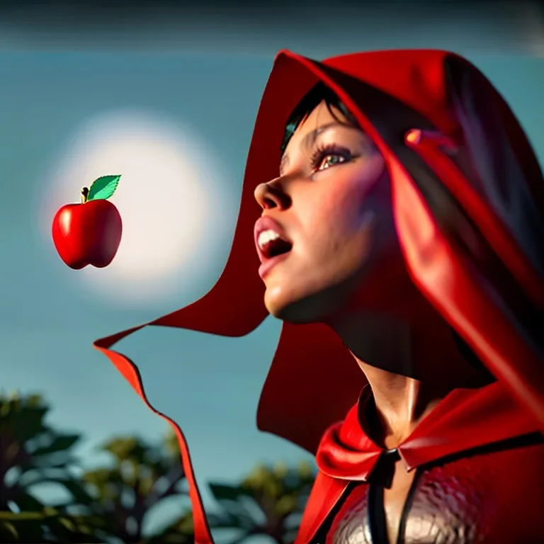 Red Riding Hood looks up to the sky while eating an apple on a balloon.