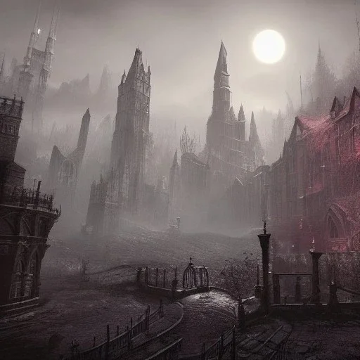 hyper realistic barren Bloodborne cityscape at night