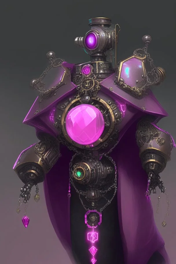 A steampunk robot with a pink gem in its chest wearing a black robe