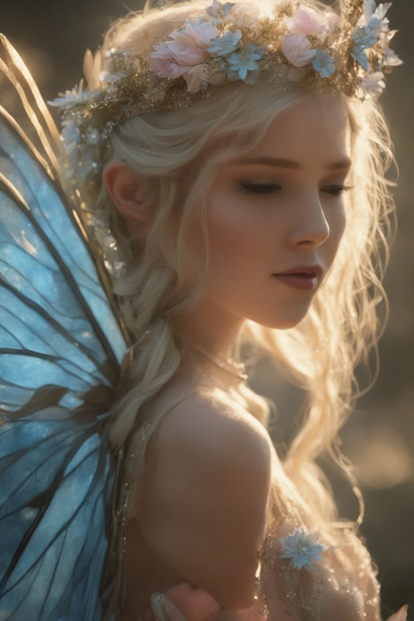 Pointed elven ears,Blonde hair ,Pink dress,Sparkling fairy wings,Very long golden hair,Fairy crown,pointed ears,elven ears,fairy wings,water lilies,sparkling,glittering,flowers,blossoms,golden crown,light pink dress