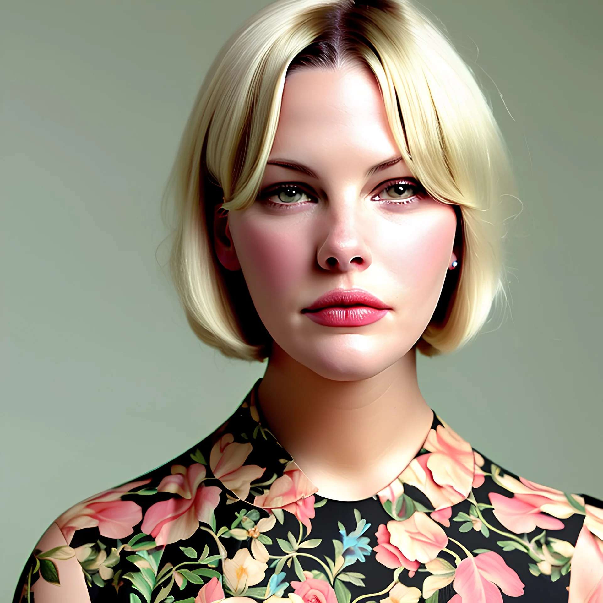 Liv Tyler, in floral clothes, curvy and tall, blonde bobcut hair, 16k, highly detailed, at office