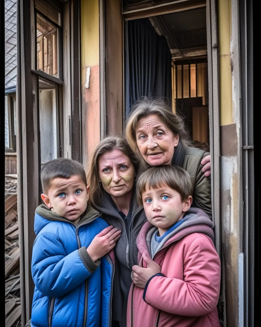 a poor worried mother with children taking shelter under damaged building in war torn city of Ukraine