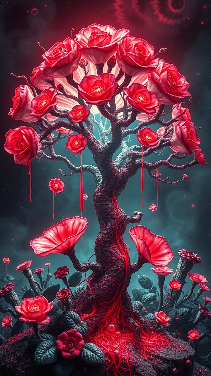 Quintessential Horror Surrealism:A cyber-a rose tree catastrophic dimensional fission through Seedream 3D recursive rendering, fracturing into chaos Legion Doodle simultaneous nightmare realities while simultaneously occupying four perforated reality levels—manifests as a blood-drenched forest where trees weep crimson sap and bioluminescent fungi pulse with recursive Fibonacci patterns, surrounded by carnivorous flowers with fanged mouths dripping neon venom; mat