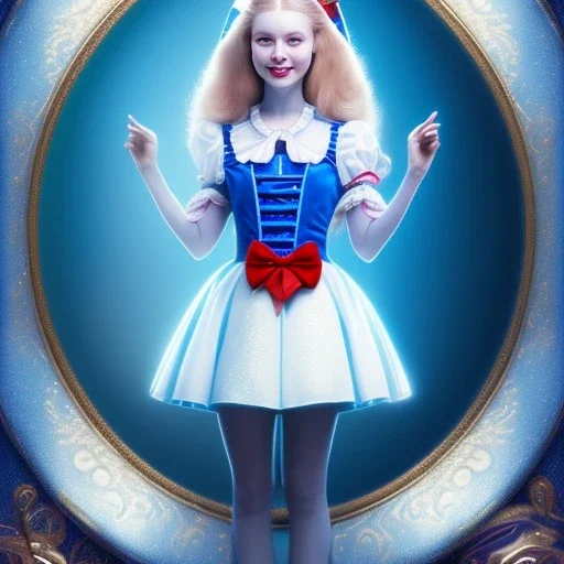 3D close-up of a beautiful "Alice in the wonderland",ten years old,disney, sarcastic smile, high contrast, glowing backlighting, blue and red backlighting, vibrant hair, blu eyes, sharp focus, high makeup, medium face painting, background blur.