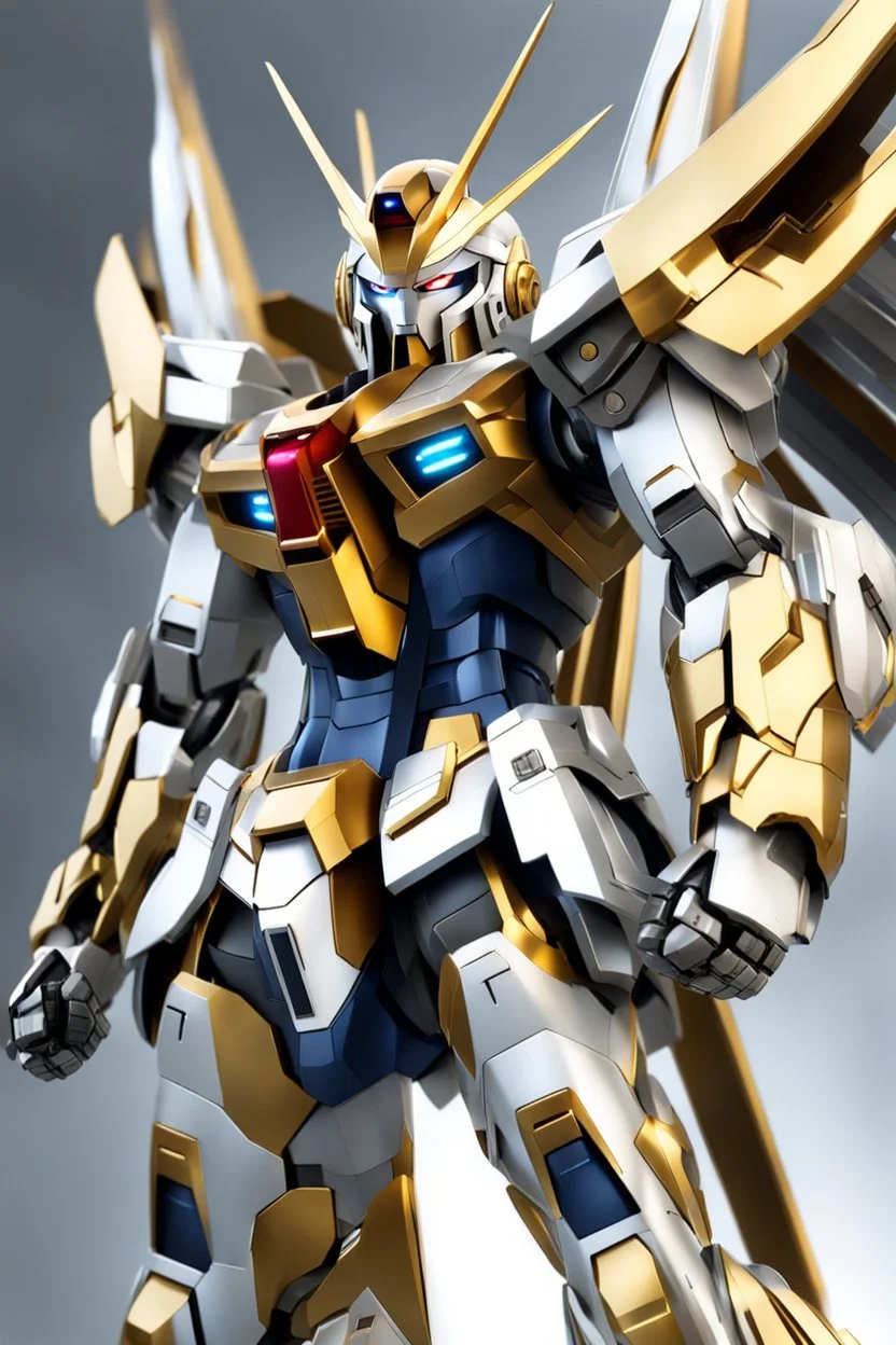 Full body Gundam wearing biomechanical silver gold armor, god light effect,photorealistic,abstract background