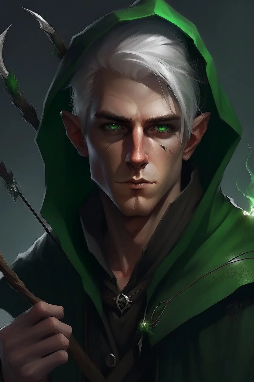 Portrait of male rogue elf, hooded mauve hair, bright green eyes, disheveled, smoking cigarette, bow and arrow, black leather clothes, hiding