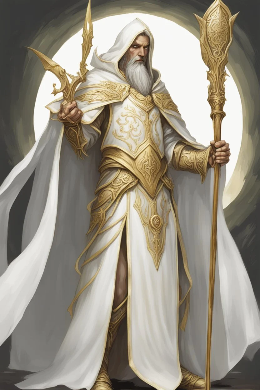 High elf time wizard wearing gold hemed white cloak holding a staff