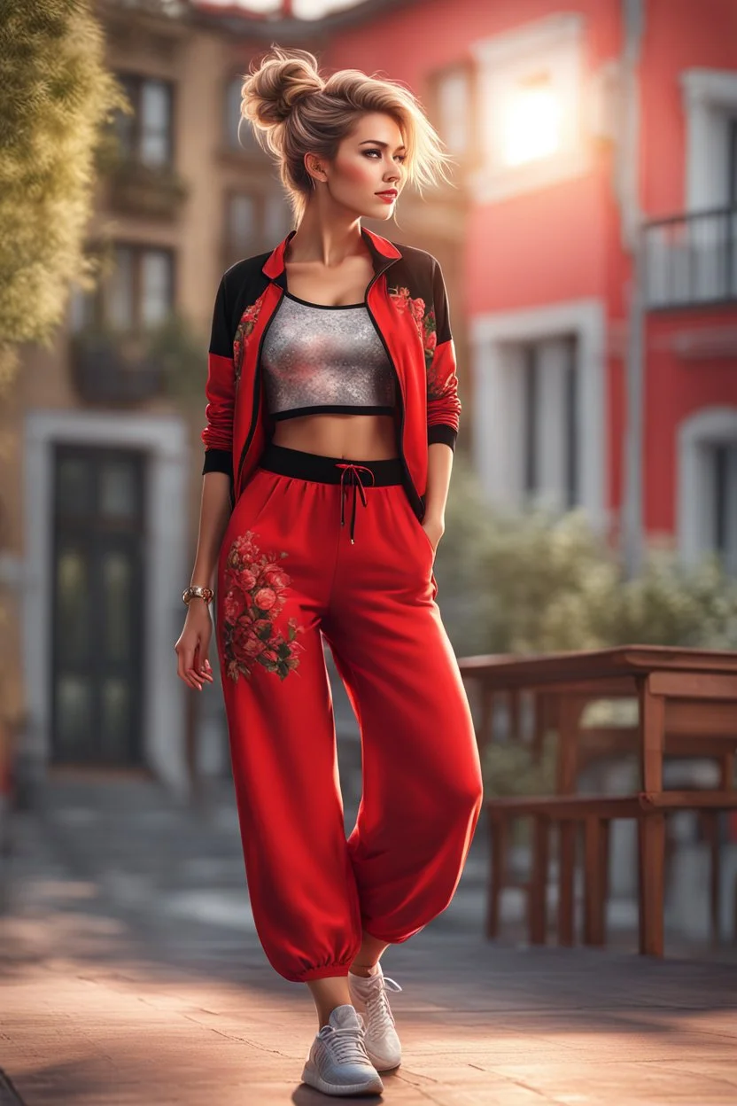 full body ,young woman with clear eyes, messy bun hair, bouncing looking back, soft velvet red/black two piece printed outfit, morning sun, cute, full body, ultra realistic, a variety of small details in the background, hyper realistic, surprised, sweet smile, 8k, HDR, 500px, by Koos Roos