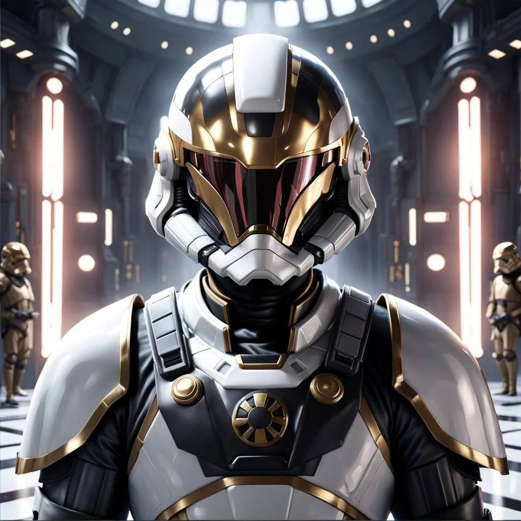 star wars bald male corellian pilot wearing pearlescent black and gunmetal grey First Order special forces heavy assault armor and helmet with gold trim inside the jedi temple, centered portrait, hyperdetailed, dynamic lighting, hyperdetailed background, 8k resolution, volumetric lighting, light skin, fully symmetric details