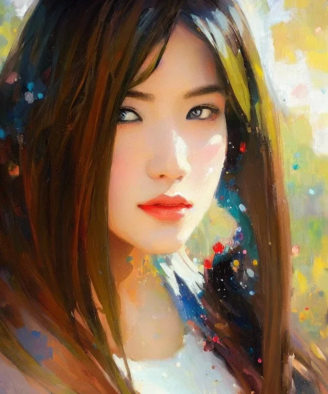 realist impressionist portrait of "The Curious Female" by Ross Tran rework. Masterpiece, best quality, painted impressionist brush strokes. paint drips and drabs and splatters by and by art nouveau and richard schmid . Paint spatters, drips, drabs, dynamic, artstation, artgerm