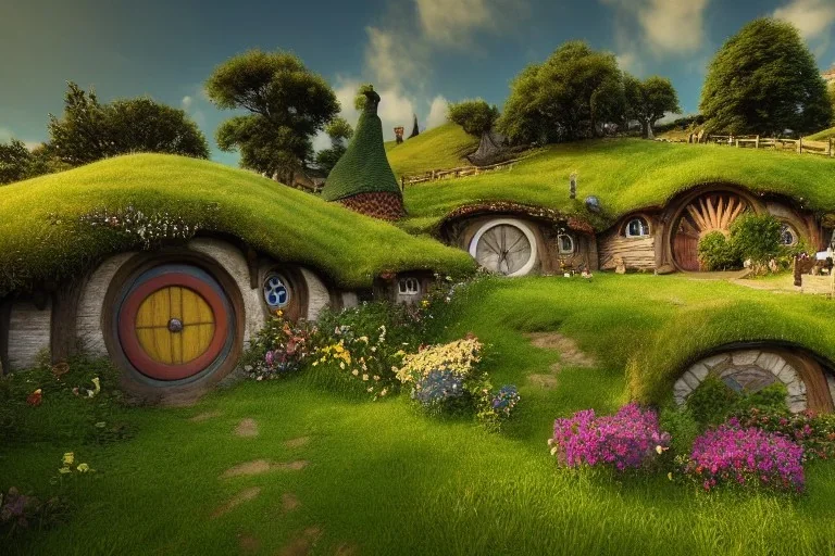 The town of Hobbiton in the Summer, the shire, beautiful scenic landscape, lord of the rings, wide angle, super highly detailed, professional digital painting, artstation, concept art, smooth, sharp focus, no blur, no dof, extreme illustration, unreal engine 5, photorealism, hd quality, 8 k resolution, cinema 4 d, 3 d, beautiful, cinematic, art by artgerm and greg rutkowski and alphonse mucha and loish and wlop