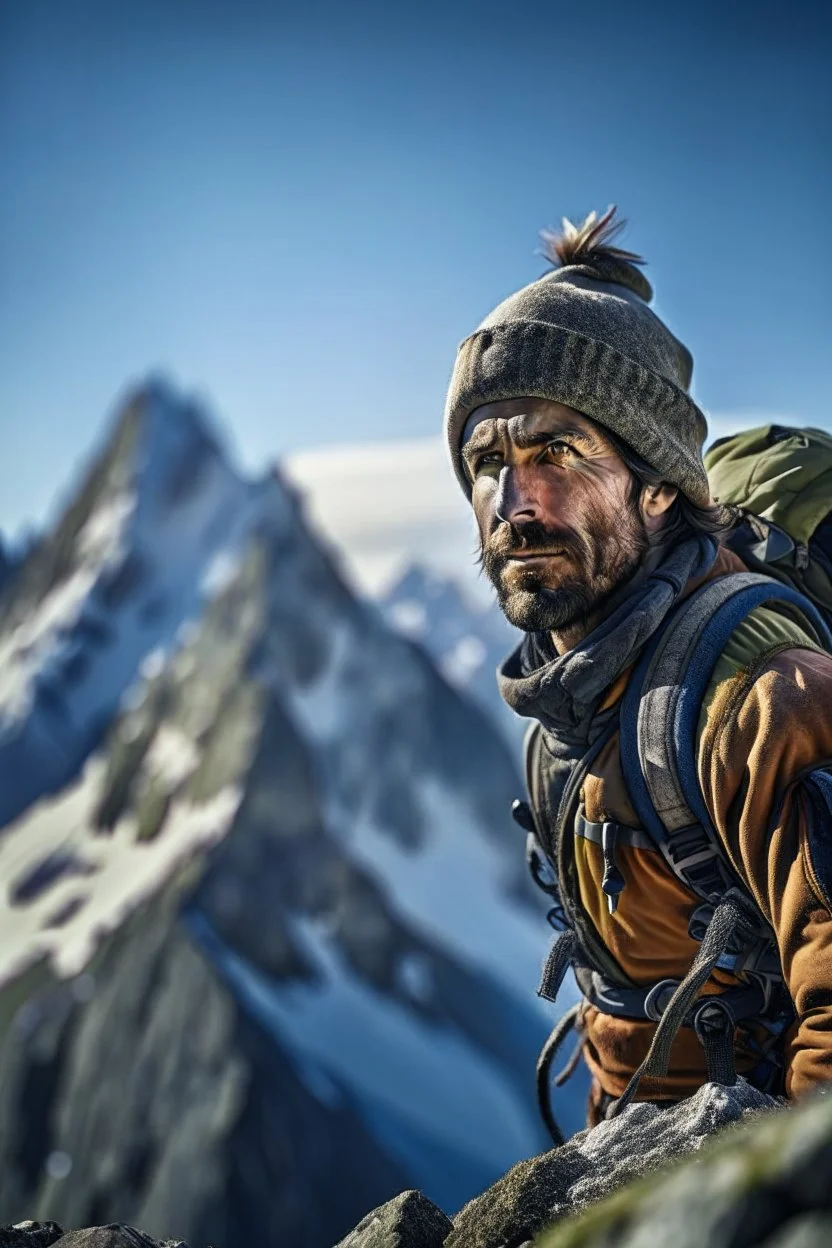 portrait of mountain climber in the Alps on mountain top, with rock giant creature in the background,shot on Hasselblad h6d-400c, zeiss prime lens, bokeh like f/0.8, tilt-shift lens 8k, high detail, smooth render, down-light, unreal engine, prize winning