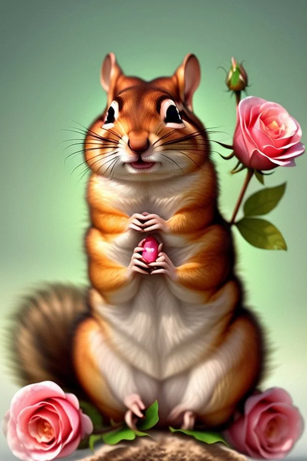 adorable chipmunk holds a diamond, roses on the beach, soft rounded edges, gentle, serene, magical, pastel colours, dynamic lighting, a masterpiece, surreal, Catrin Welz Stein style in sunshine