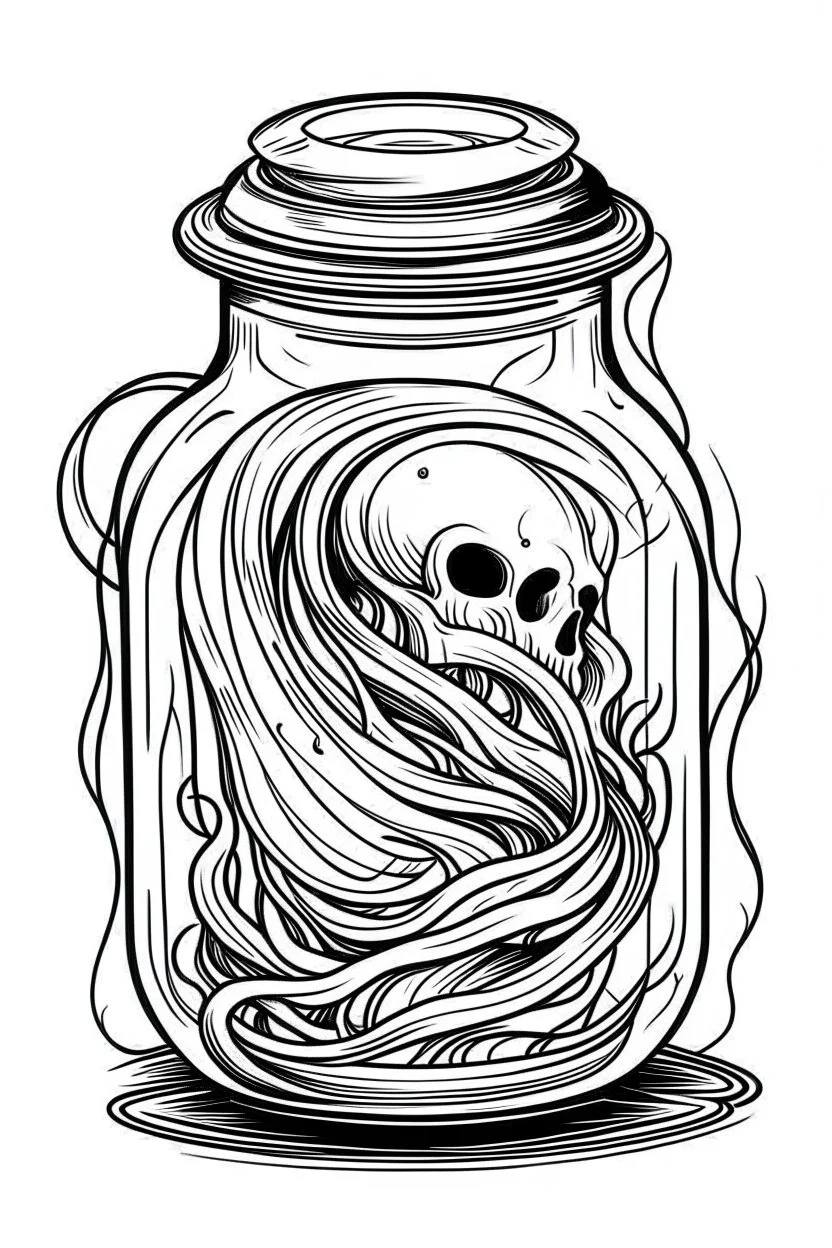 spooky ghost stuck in the jar idea, line art, background, vector, svg, black outline on white background, leave plenty of white space beetween lines for coloring, tattoo style, tattoo idea,full body, minimalist