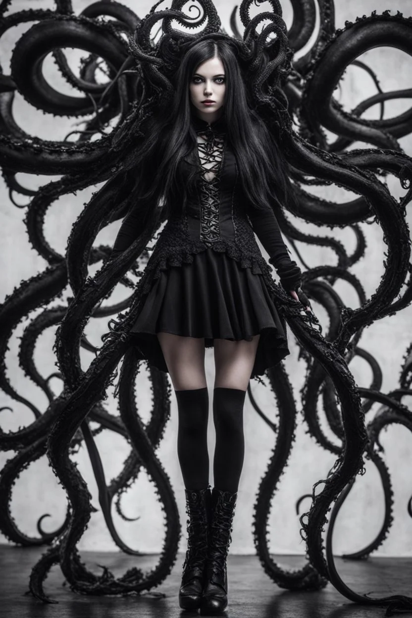 Girl goth, feet point view, fullbody, tentacles out from her, intricate, macro photography,