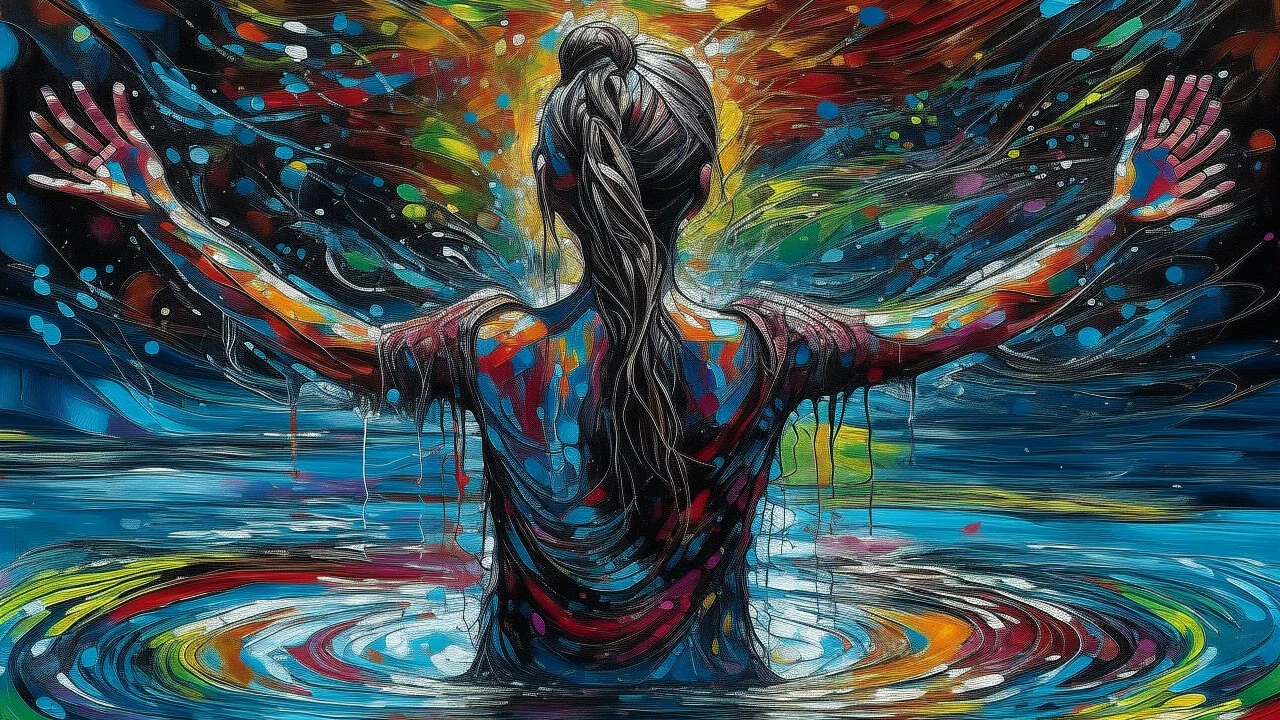 a woman standing in a pool of water. The woman is facing away from the viewer, with her body slightly turned to the side. She is standing with her arms stretched out to the sides, as if she is embracing the water. Her head is tilted slightly to the left, and her hair is pulled back in a bun. The background is filled with a colorful, abstract pattern of triangles in various shades of blue, green, yellow, and orange. The overall mood is surreal and dreamlike.