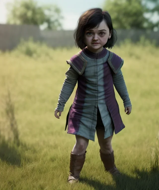 Arya stark toddler, full body, soft skin, dramatic lighting, hyper realistic