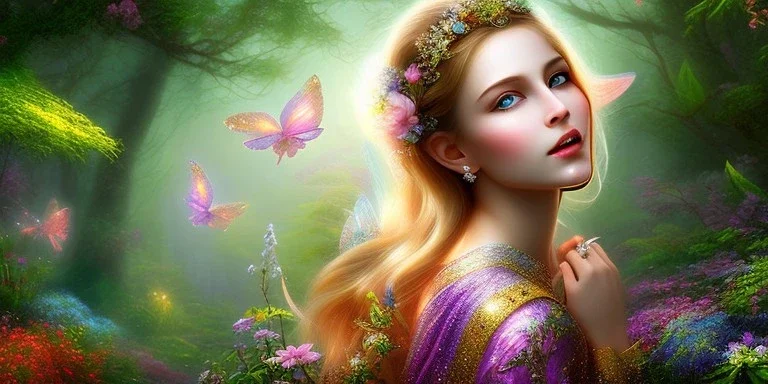 bright fairy, beautiful portrait, flowery landscape