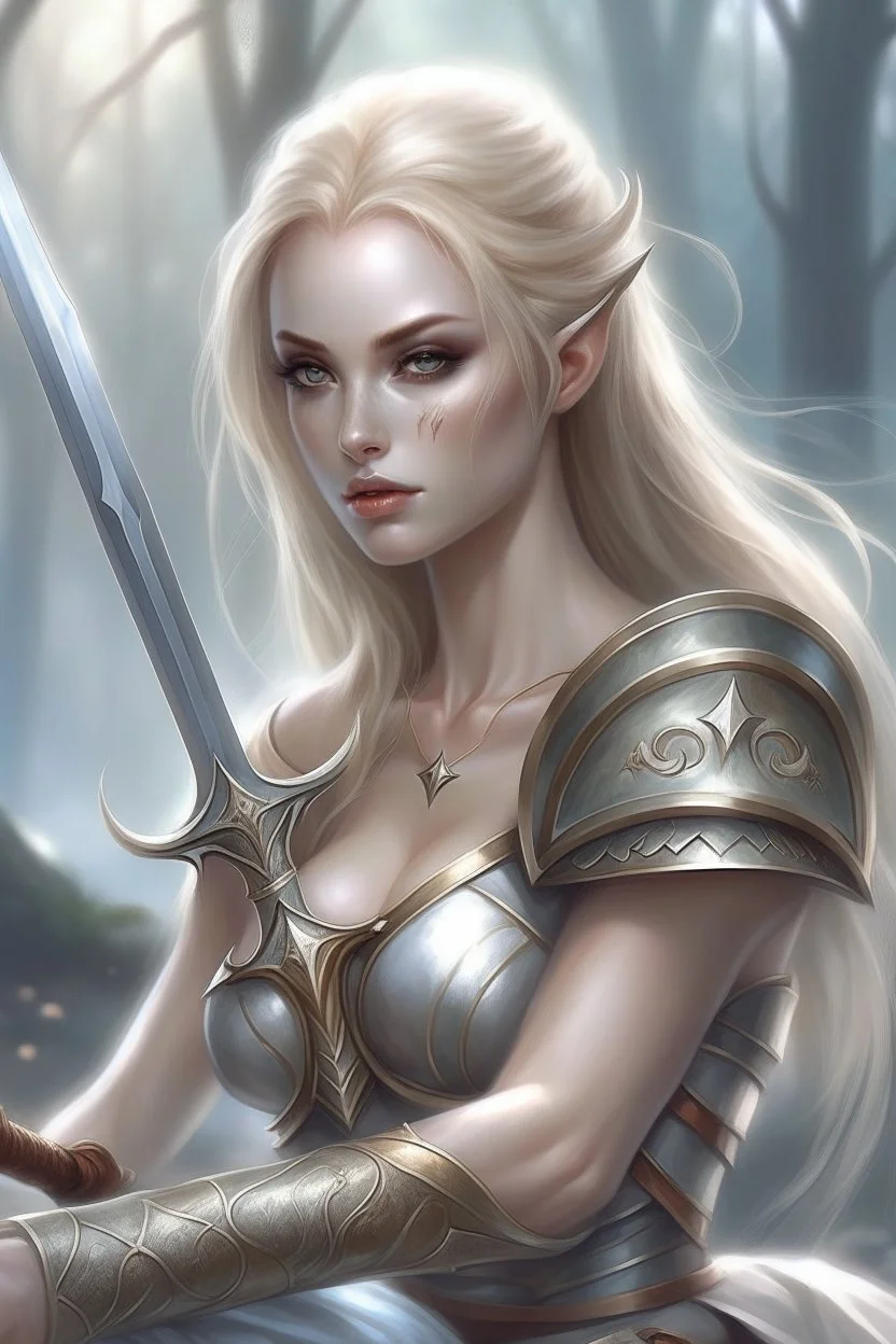 pretty woman, warrior, elf, blonde hair, fantasy, Skyrim, conventionally attractive, fighter, sword, elder scrolls, young, maternal, sexy, soft