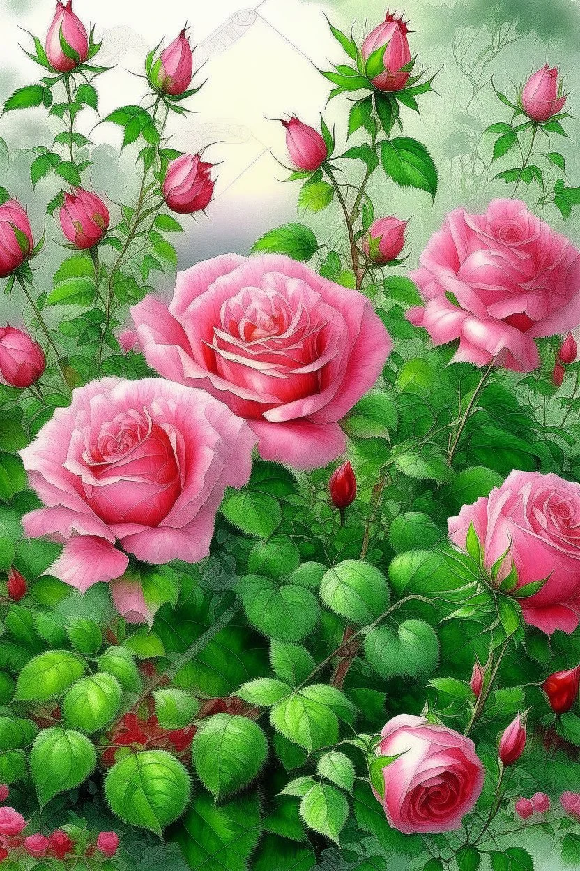 Watercolor, a bush of bright pink tea roses strewn with flowers, ultra-detailed, morning, rain, greenery, beautiful landscape, fog, many details, delicate sensuality, realistic, high quality, 3d, work of art, filigree, misty haze background, professional, transparent, delicate pastel tones, back lighting, contrast, fantastic, unreal, translucent, glowing, clear lines, epic fabulous, fabulous landscape, hyperrealism