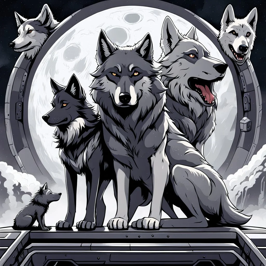 digital art front in picture an of little dark dog like creature stands and looking an anthropomorphic wolf couple sitting on the spaceship's ramp close together, the pale gray female wolf sits behind strong male wolf and puts one paw on the dark gray wolfman's shoulder, raini day, on ramp a little piece of meat lies down, high contrast, high detalied, high realistic, in background detail of an angular spaceship. Rain, The atmosphere is a seamless blend of sci-fi, dark fantasy