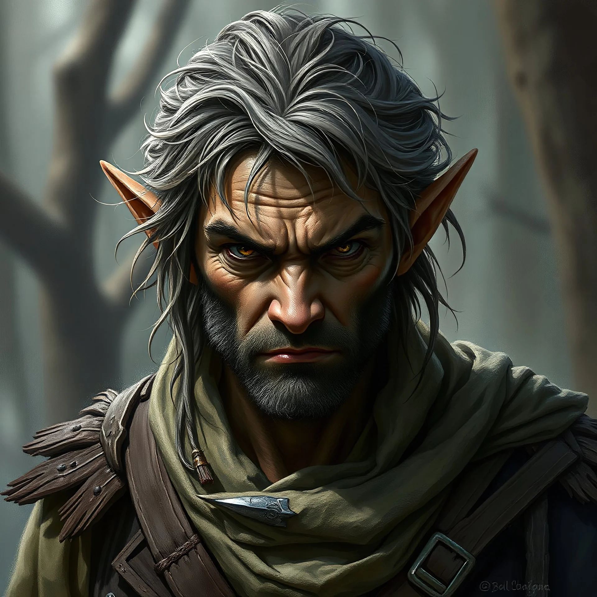 dnd wood elf mature man with ash brown hair and angry face