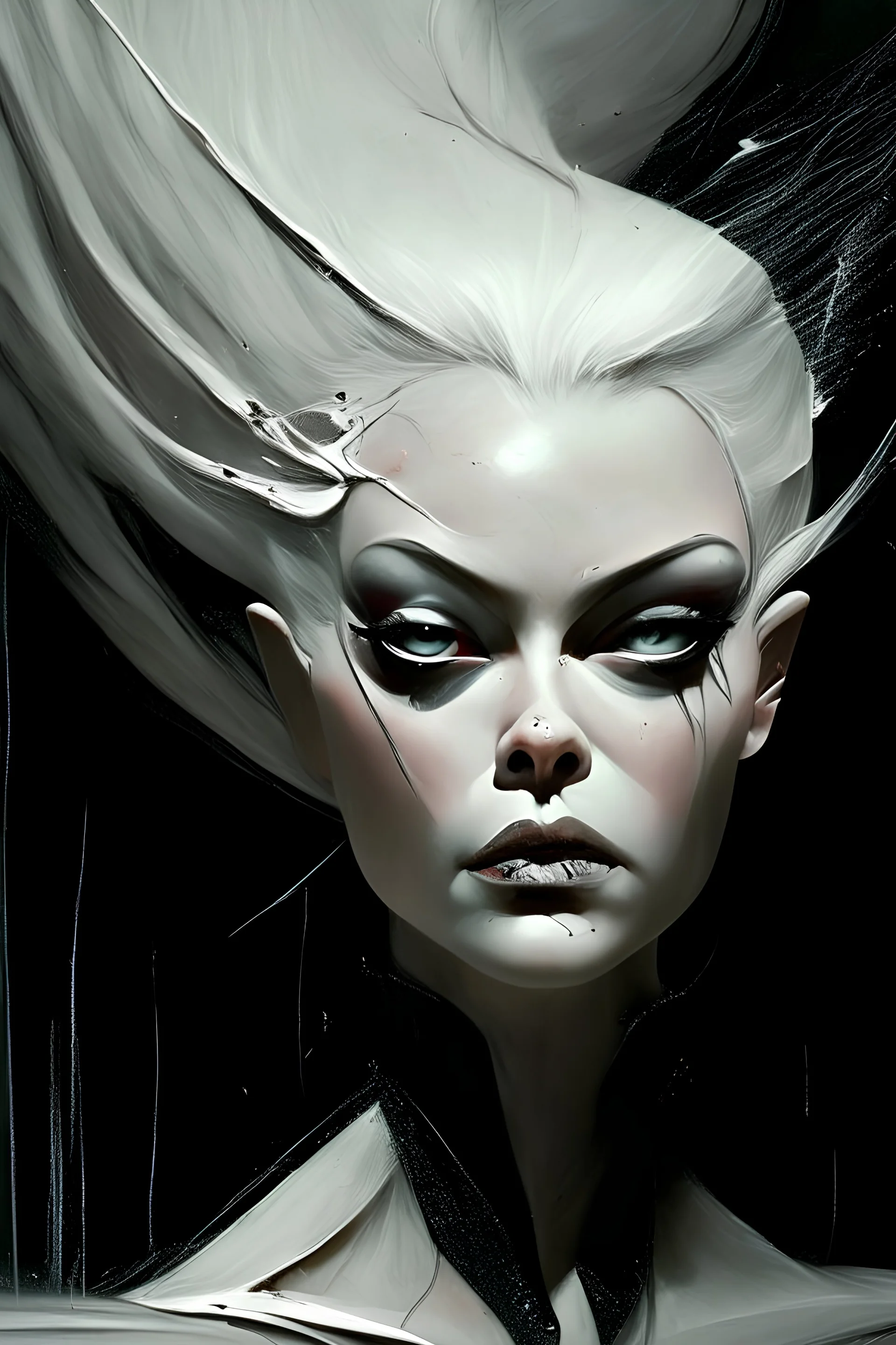 a painting of a woman with grey hair, russ mills, contemporary portrait of a young woman, black and grey, detailed feminine face, swirling fluid smokey enigma, banshee, drawn in the style of mark arian, award-winning artwork