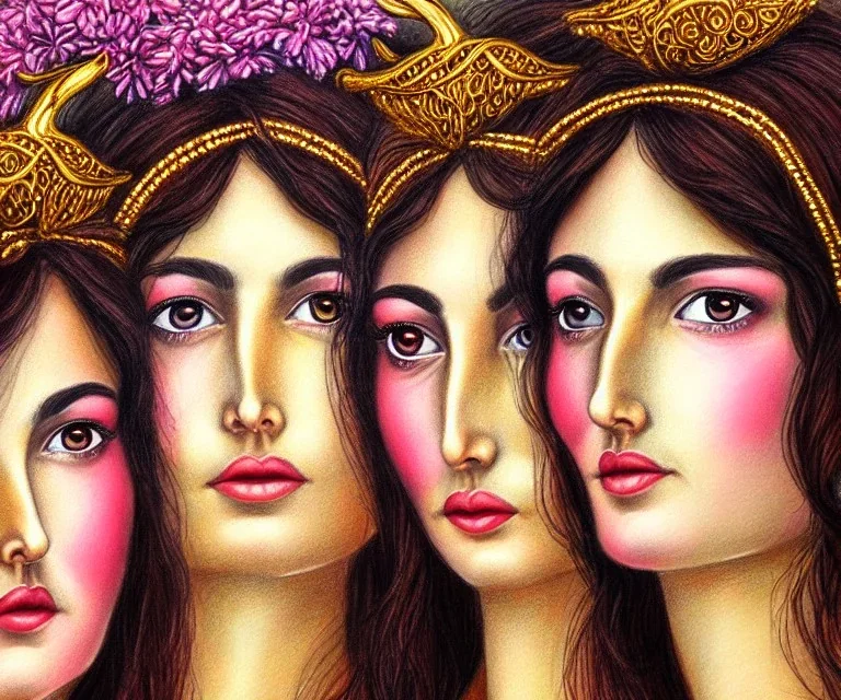 Realistic detailed face portrait of The goddess of beauty, goddess of spell and goddess of joy. "The Three Graces"