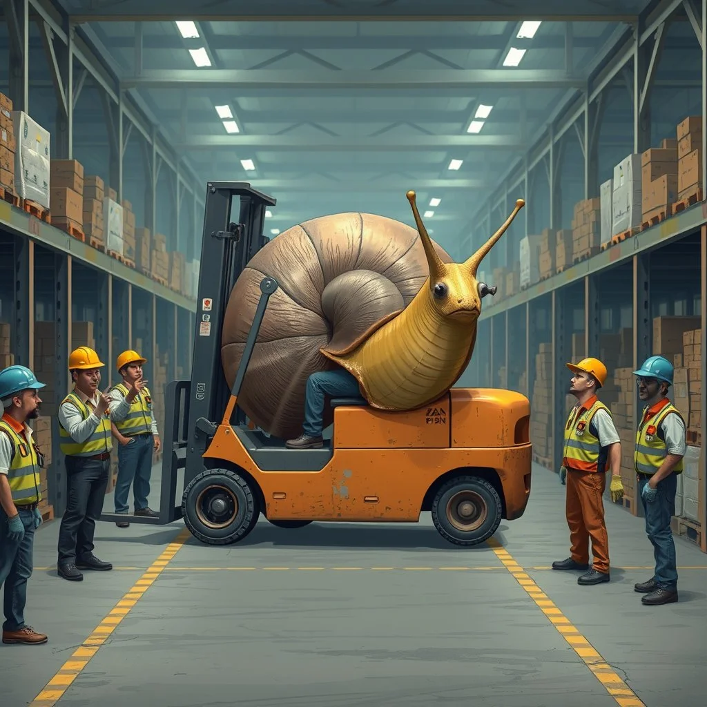 A giant snail in a factory driving around in a forklift, and are in the way for every worker, other angry workers stands around the snail and yell at him, pointing and give him the middle finger